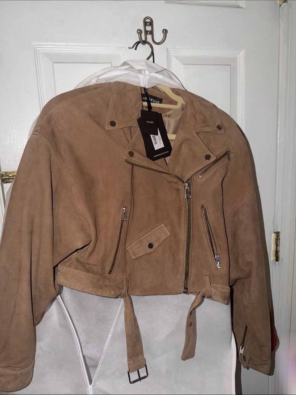 Lamarque Light Brown Suede Cropped Moto Jacket